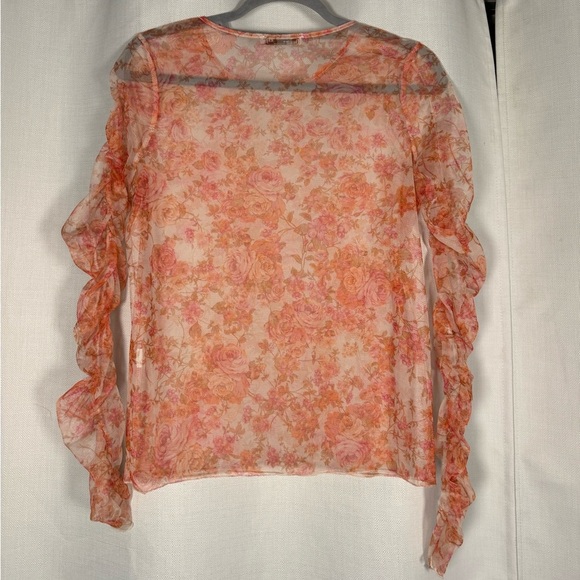 Zara Sheer Mesh Red Orange Pink Floral Long Sleeve Top Medium - Picture 6 of 9
